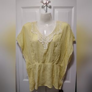 iZ Byer Yellow Boho Dolman Sleeved Yellow Crochet Detail Top Small